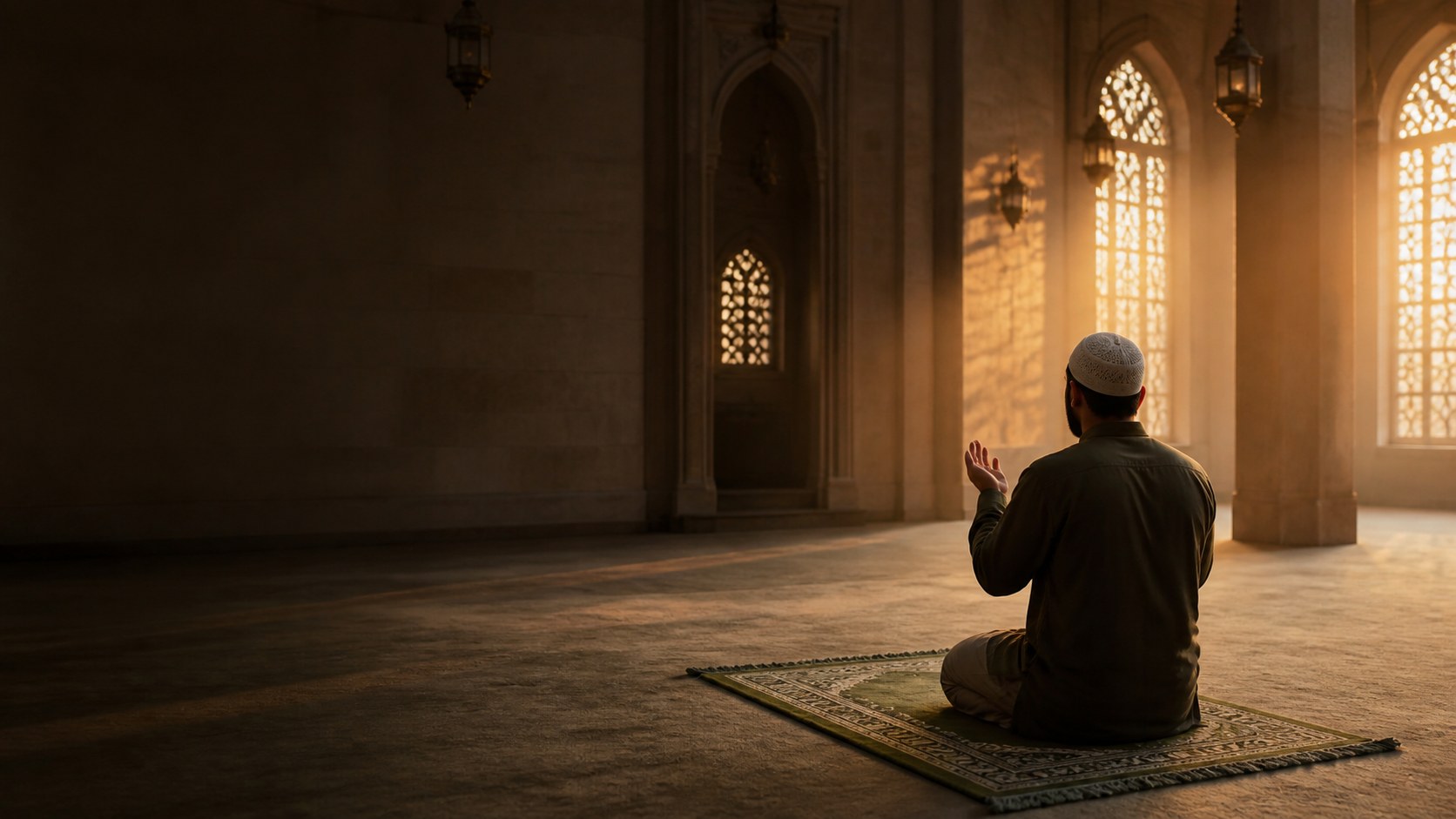 Camide ellerini açarak dua eden kişinin arkadan görünümü