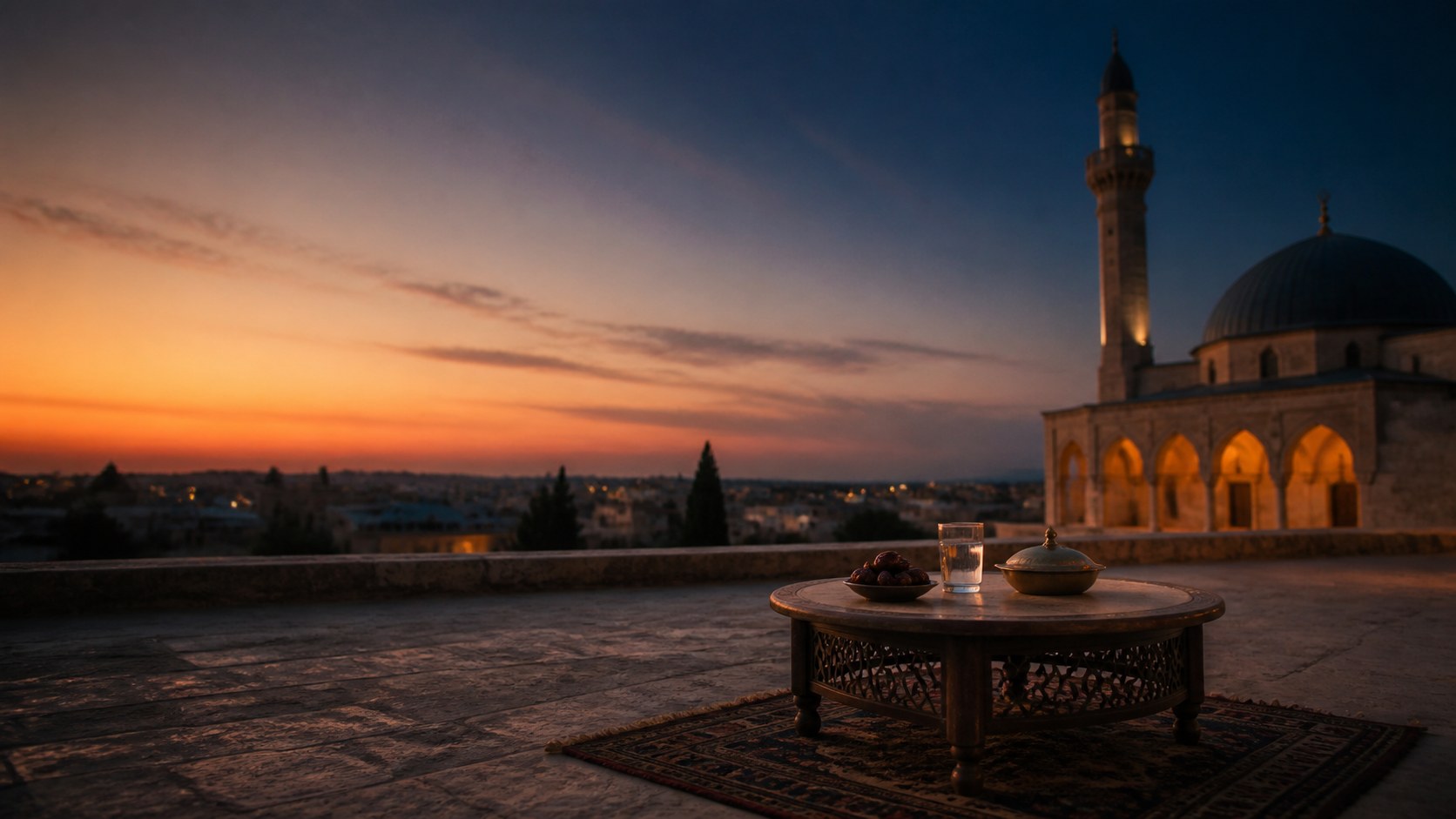 Gün batımında cami önünde hurma ve su bulunan sade iftar sofrası